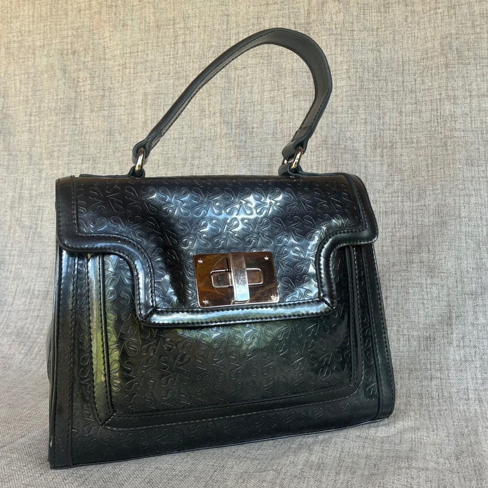 Simply Vera Vera Wang Black Faux Patent Leather Structured Turn Lock Satchel